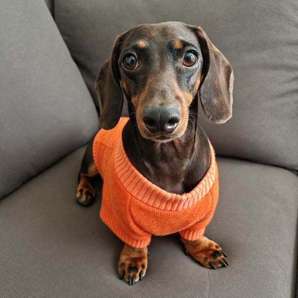 Dachshund de suéter laranja no sofá